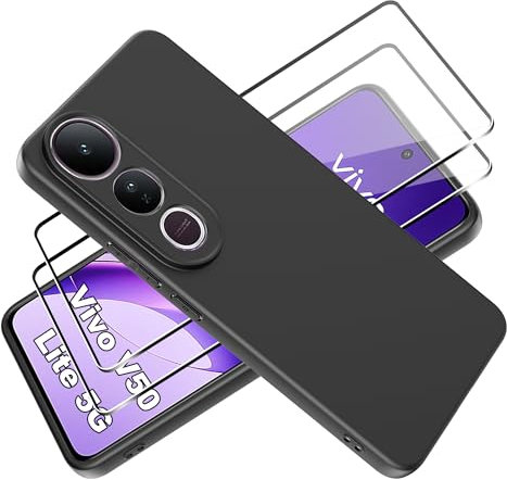 Tieeyivv Funda para Vivo V50 Lite 5G Cover con Protector de Pantalla Cristal Vidrio Templado Matte TPU Soft Incorporado Cover Anti-rayones, Antigolpes Anti-Amarilleo Protección - Negro