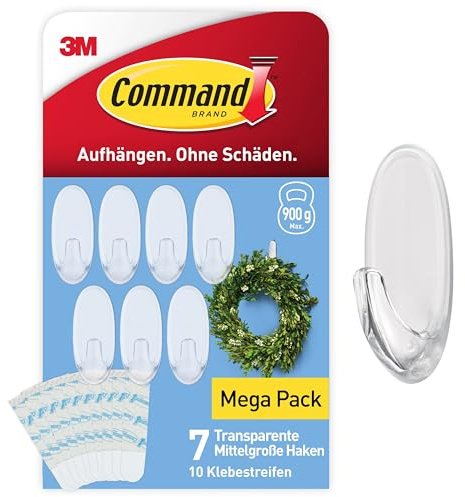 Command Medium Hooks, Clear, 7 Hooks and 10 Adhesive Strips | Value Pack, Adhesive Wall Hooks, Damage-Free Hanging for Jackets, Bags and Accessories, Ideal for Wardrobes, Holds 900 g