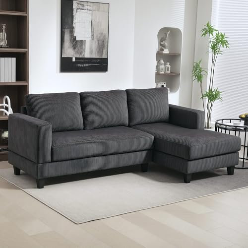 HOMCOM Ecksofa Couch mit Chaiselongue 3 Sitzer Sofa L Form Gepolsterte Eckcouch mit Cord-Optik, Hochdichtem Schaumstoff, bis 400 kg, für Wohnzimmer, Schlafzimmer, 214 x 134 x 87 cm Dunkelgrau