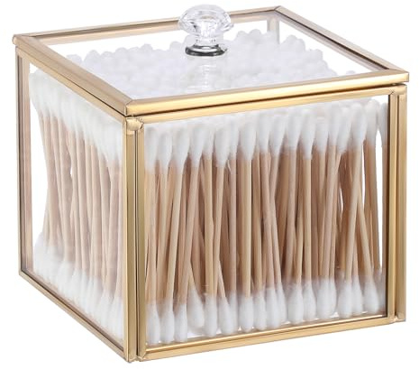 OGANAZI Glas Wattepads Behälter Schminktisch Wattestäbchen Box 10x10x8,6cm | Gold Schmuckschatulle mit Glasdeckel Deko Wattepadspender für Badezimmer, Schlafzimmer, Massagezimmer, Büro Damen Geschenk