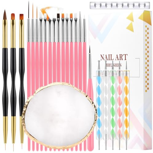 CHEMAILON 25Pcs Nail Art Brushes Set, Palette, Stand & Dual Pen | Dual-tip pen with silicone & acrylic ends for 3D marble, line art & engraving; works with gel & powder