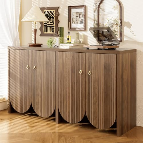 OLIVIBED Sideboard 147cm, Wohnzimmerschrank mit 4 Türen, anrichte mit Verstellbare Einlegeböden Alugriffen, Esszimmerschrank für Küche, Esszimmer und Eingangsbereich, Walnuss, 147x40x80cm