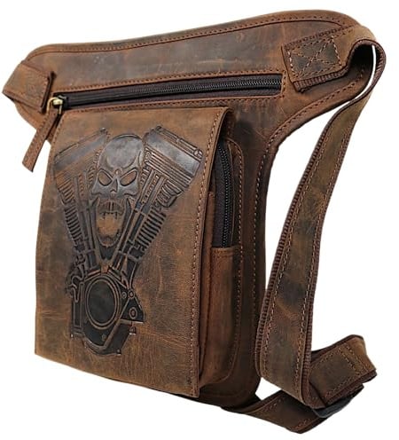 MDM Biker Beintasche aus echtem Leder - Oberschenkel Tasche Vintage, Totenkopf Motorblock Prägung (Braun)