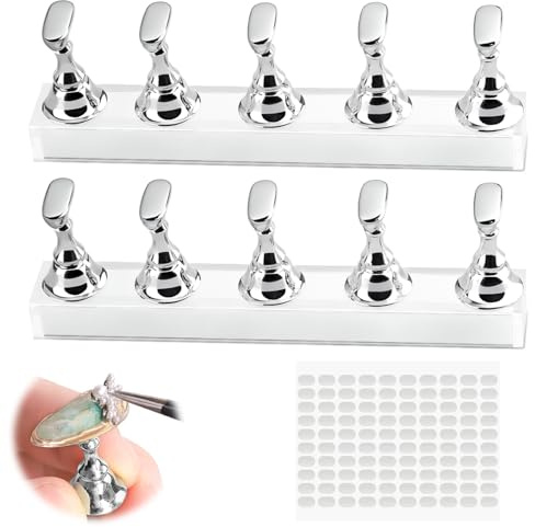 2Pcs Supports Magnétiques pour Faux Ongles - Presentoir à Ongles Capsules avec Base Acrylique Argentée et 100 Autocollants - Support Nail Art Magnétique pour Manucure et Exposition