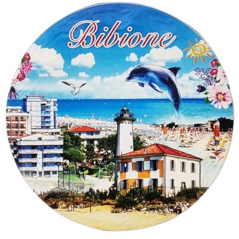 KUSTOM ART Kühlschrankmagnet Italien Bibione Illustration Hintergrund Stadt und Strand mit Delfin Magnet 3D Harz Souvenir Sammlerstück 8x8cm BM/8