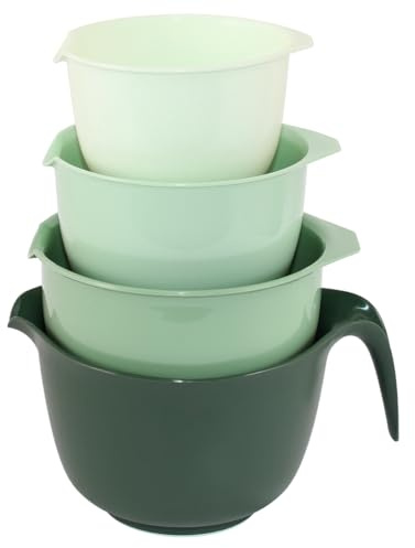 Glad Mixing Bowls with Pour Spout, Set of 4 - Nesting Plastic Bowls (1.2qt, 1.9qt, 2.8qt, and 3qt with Handle) - Non Slip Base, Dishwasher Safe Kitchen Cooking and Baking Supplies, Green