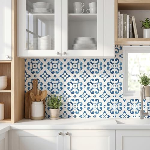 MEIHEA 16 Pack, 5.9 Inch Watercolor Tile Decals, Artisan Blue and White Peel and Stick Vinyl for Backsplash, Stairs & Furniture