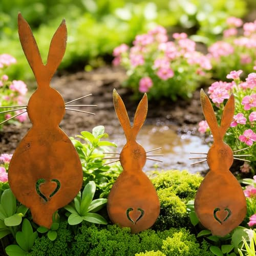 ZoneYan Osterhasen Gartenstecker, 3er Set Edelrost Osterdeko aus Metall, 2 Kleine Hasen + 1 Große Hase, Ostern Gartendeko Rost, Blumenstecker Ostern, Osterdeko für Draußen Frühling