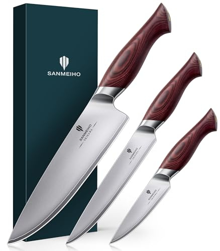 SANMEIHO Set di 3 Coltelli da Cucina Giapponese in Acciaio 10Cr15MoV | Lama 5 Strati Acciaio Inox 10Cr15MoV, Impugnatura Ergonomica Legno di Pakka - OKINAWA Series