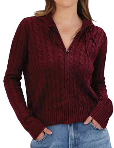 Yassiglia Women's Cable Knit Zip Up Hoodie, Cropped Long Sleeve Hooded Cardigan, Y2K Casual Knitted Sweater for Autumn Winter