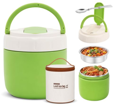 Ecofocet Fiambrera Termica 1.3L, Termo Comida Caliente Acero Inoxidable, Termo para Comida Caliente con Cuchara Plegable y Bolsa Aislada, Recipiente Térmico para Comidas Sopas Bebés Niños y Adultos