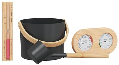Sauna Accessory Set 4-Piece Black with Aluminium and Pine Wood, 7 L Bucket, Trowel, Thermometer Hygrometer, Hourglass for Indoor Use, Sauna Infusion, Wellness, Relaxation, Spa Accessories