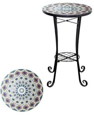 Casablanca Mosaik-Gartentisch für den Außenbereich, Pflanzenständer, 35 cm, mit Ablage, Metall-Keramikfliesenplatte, runder kleiner Akzent-Beistelltisch für Balkon, Terrasse, Veranda, Garten, Terrasse