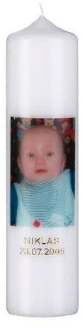 Fotokerzen 24 x 8 cm mit Namen und Klarsichtkarton als Taufkerze Hochzeitskerze Individuell Bedruckte Kerze