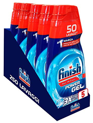 Finish Powergel, Gel Detersivo per Lavastoviglie Liquido, Multiazione, Brillantezza e Protezione, 250 Lavaggi, 5 Confezioni da 50 Lavaggi