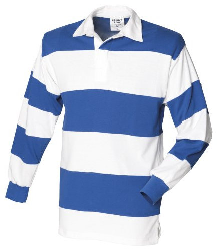 Front Row Sewn Stripe Long Sleeve Sports Rugby Polo Shirt (S) (White & Royal (White collar))