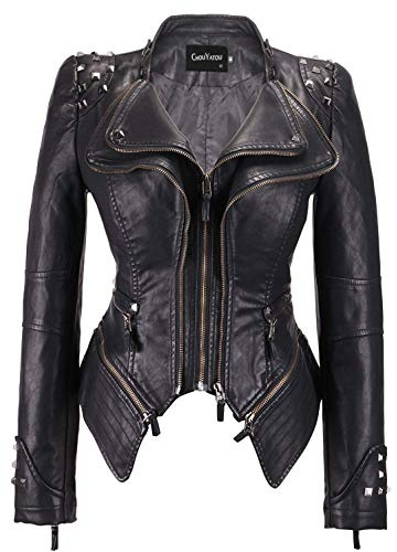 chouyatou Women's Fashion Studded Perfectly Shaping Faux Leather Biker Jacket (XX-Large, Black)