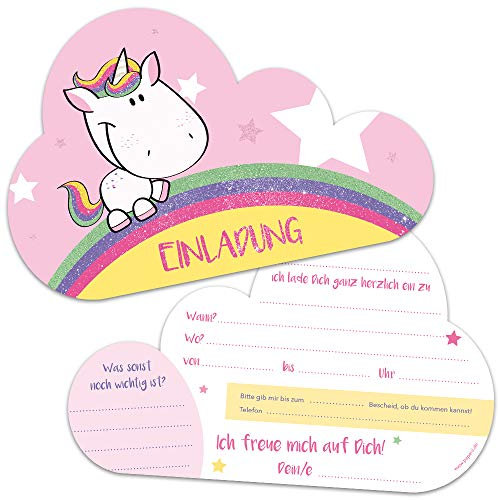 paperii 10er Set Einladungskarten mit Einhorn Motiv in Wolkenform mit Glitzer zum Geburtstag Kinder Mädchen Kindergeburtstag (10 Karten in Wolkenform)