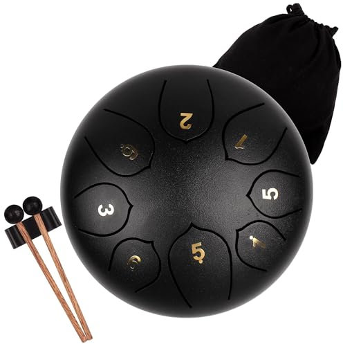 LOMUTY Stahlzungentrommel, 6 Zoll 15 cm Steel Tongue Drum, C-Dur 8 Noten, Handtrommel HandPan Drum mit Drumsticks/Tragetasche(Schwarz)
