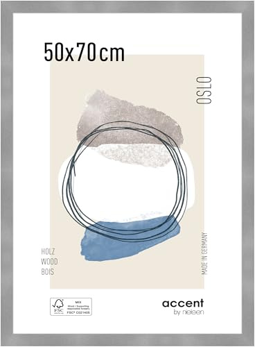 accent by nielsen Holz Bilderrahmen Oslo, 50 x 70 cm, Silber | Holz Posterrahmen im Hoch- & Querformat zum Aufhängen Silber gebürstet Echtglas