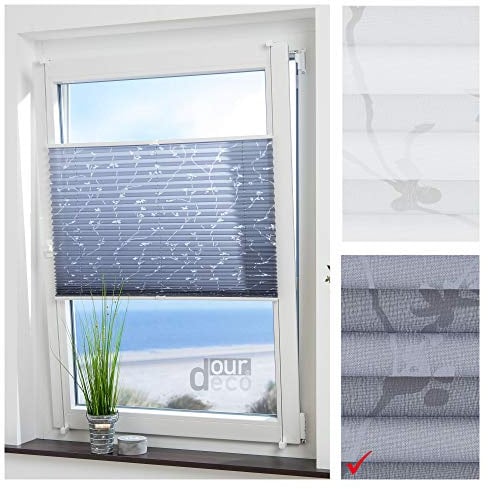 ourdeco® Plissee mit Blumenmotiv; 60x210 B x H in cm; Farbe: grau bedrucktes Blumenmotiv Ranke; lichtdurchlässig, Blickdicht; Klemmen, Montage ohne Bohren, Klemmfix-Plissee, Easy-to-fix
