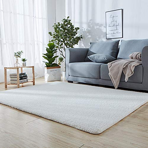 Fluffy Soft Canapé Natte Blanc 160 x 180 cm Tapis Salle de Bain Extra Epais Facile d'entretien avec 8 Tapis antidérapant réutilisable