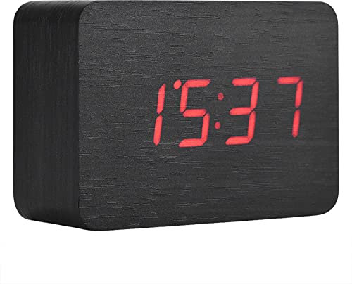Socobeta Wecker Digitaluhr Elektronische Holzuhr aus Holz mit LED-Temperaturanzeige Nachttischuhr mit Klangregelung(Schwarzes Holz + rotes Licht)