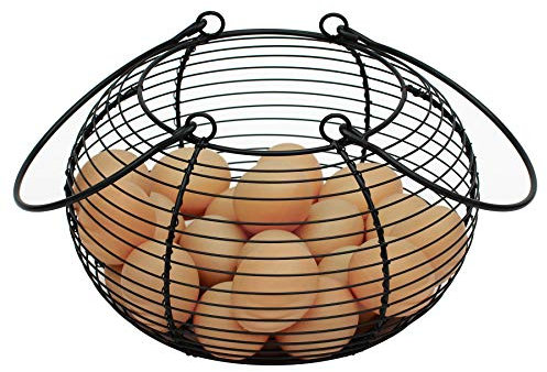 Vintage Style Black Wire Egg Basket Storage Holder Stand with Long Carry Handles. Holds up to 26 Eggs