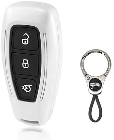 A/A Coque de protection complète pour clé de voiture Ford, télécommande à 3 boutons, avec porte-clés coriacé, compatible avec Ford Fords/Focus/Fiesta/Kuga/C-Max, etc. - Blanc