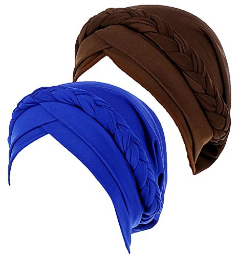 1–2 Stück Damen-Turban mit gedrehten Perlen, chemischer Krebs, Kopftuch, Mütze, mit Haaren bedeckt, Kurzer Zopf, 2 Stück, Saphir und Grau, Medium