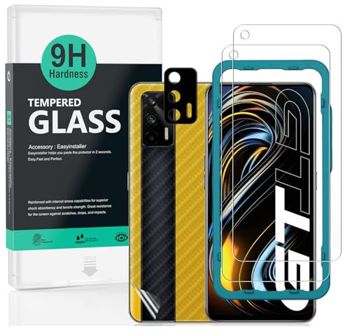 Ibywind Cristal Templado para Realme GT 5G, [2 Piezas],con Metálico Protector de Lente de Cámara,Atrás Pegatina Protectora Fibra de Carbono, Kit de instalación fácil