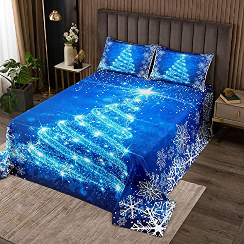 feelingyou Weihnachts-Tagesdecke,Blaue Weihnachtslichtbaum-Bettdecke Set für Teens Erwachsene, Crystal Star Schneeflocke Bettwäsche-Set mit 2 Kissenbezügen,Mikrofaser Polyester gesteppt