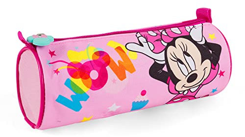 Disney Minnie Mouse Pink Pencil Case - Fuchsia Zipped School Case for Girls with Minnie Mouse print and Stars - Round Multifunction Pouch for Children suitable for School and Kindergarten - 8x21x8 cm