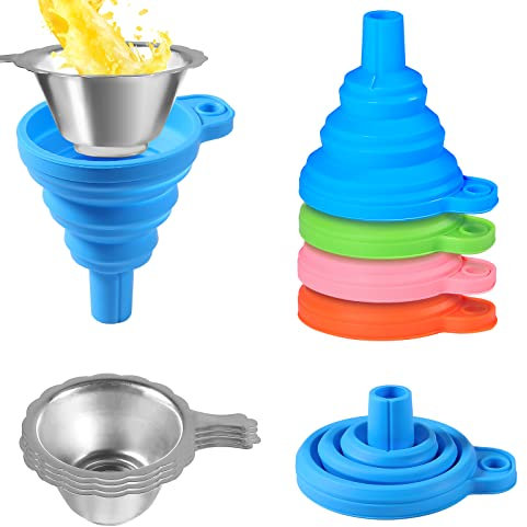 8 Stück 3D Drucker Zubehör Resin Filter Trichter Set 4 Edelstahl-Filterbecher und 4 faltbare Silikon-Trichter zum Befüllen von Harz Drucker Zubehör zurück in Flaschen