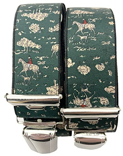 EDERER REITER PFERD JAGD Hosenträge AUSTRIA-ÖSTERREICH-VIENNA-WIEN 35mm Breit in H-Form mit 4 extra starken Clips UNI/ReiterJagdHund grün ST-036