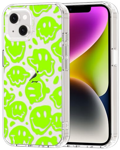 MOSNOVO Case for iPhone 13/14, [Buffertech 6.6ft Military-Grade Drop Protection] [Anti Peel Off Tech] Clear TPU Bumper Phone Case Cover Design - Distorted Green Smiles Face