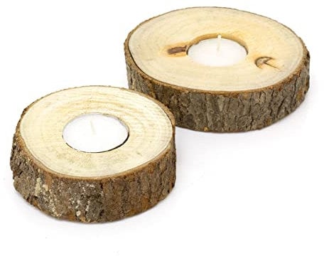 Set Of 2 Natural Tree Bark Tea Light Holders | Rustic Wooden Tree Slice Tealight Candle Holders | Tree Log Christmas Wedding Tealight Candles