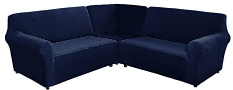 TIUTIU L-Form Sofahusse 5/7-Sitzer Eckcouch Cover, Elastischer Ecksofabezug Mit Anti-rutsch Schaumstoffankern, 3-teilige Dicker Plüsch Samt Schonbezug (Navy,7-Sitzer)