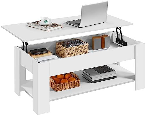 Yaheetech Lift Up Coffee Table, Wooden Lifting Coffee Table with Hidden Storage Drawer and Open Shelf, Space-saving Tea Tables for Living Room/Reception, White, 120x60x(49-63.5) cm