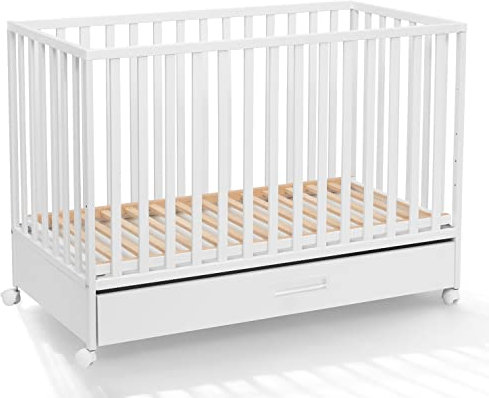ATB Cama Cuna con Cajón Lux - Cuna Madera Bebe Altura Regulable - Cunas para Bebes - Cama Cuna Convertible con Ruedas - Cama Cuna Convertible 120x60cm - Blanco