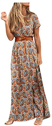 Sommerkleid Damen Lang mit Gürtel - Strandkleid Damen Sommer -Boho Kleid Damen Kurzarm V Ausschnitt Maxikleid Blumen Druck Langes Kleider Festlich Elegant Lässiges Slim Fit Freizeitkleid Partykleid
