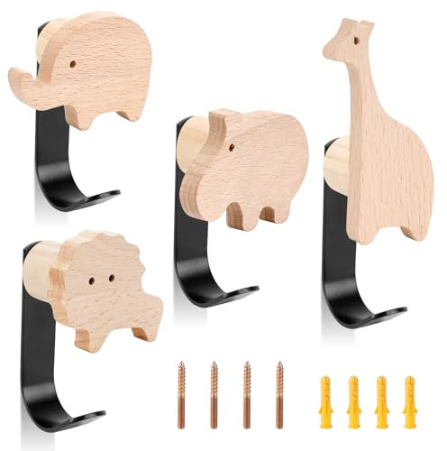 Patere Bois 4 Pieces, Crochet Mural de Éléphants Lions Hippopotames Girafes, Crochets et Patères Pour la Maison pour Serviette Porte-Clés Boule de Bain, Patère Murale Bois Pour Salle,Chambre,Salon