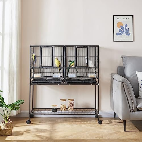 Großer Vogelkäfig Papageienkäfig Breiter Flug Metall Tierkäfig für Wellensittiche Sittiche Conure mit Rollständer Rollen (Schwarz, 95L x 45,5B x 105H)