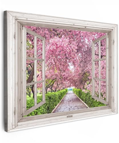 MuchoWow© Impression sur Toile Decoration Murale Peinture 70x50 cm Tableaux Decoratifs Muraux Décoration Chambre Japonais - Sakura - Fleur - Arbre - Branches fleuries - Vue de la fenêtre