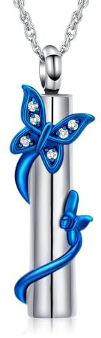 QGJNSGC Urn Necklace for Ashes Butterfly Cylinder Urn Ashes Necklace for Women/Men Cremation Butterfly Jewelry of Loved Ones Keepsake Memorial Vial Pendant Necklace (Silver-blue)