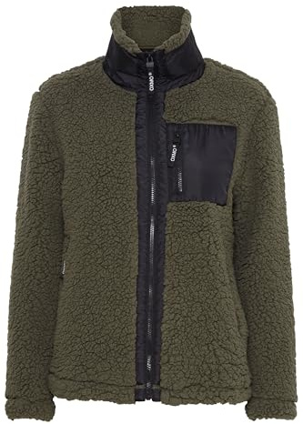 OXMO OXEllin Sweatjacke Damen Jacke mit Teddyfutter außen kurz mit Stehkragen, Größe:XL, Farbe:Dusty Olive (180515)