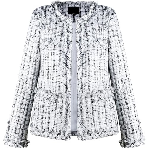 Leyoutx Damen Kragenloser Plaid Tweed Blazer Elegant Open Front Fransen Casual Business Glitzer Jacke