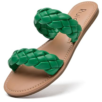 Ruiee Women's Flat Slides Sandals, Summer Slippers Comfortable Braided Strap Round Open Toe Casual Beach Shoes for Women., Green 002, 4.5 UK