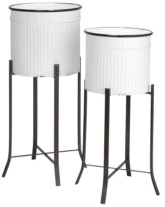 Creative Co-op Runde Pflanzgefäße aus Wellmetall auf Ständer, weiß und schwarz, 2 Stück