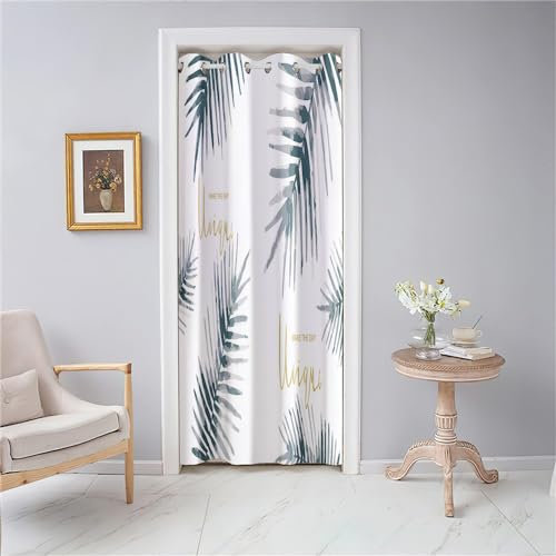 Odot Rideau de Porte Interieur à Oeillets Rideau Occultant Imprimé Feuilles de Palmier Modernes Rideau de Séparation de Piece pour Entrée, Salon et Chambre - 1 Panneau (180x200cm,Blanc 1)